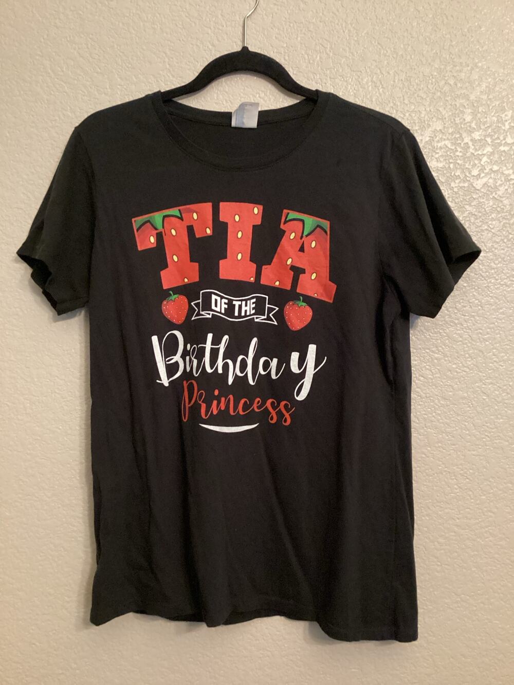 Tia of the Strawberry Birthday Princess Black Graphic Tee L